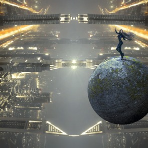 Frau steht auf einer Weltkugel inmitten eines Fantasy-Großstadt-Szenarios