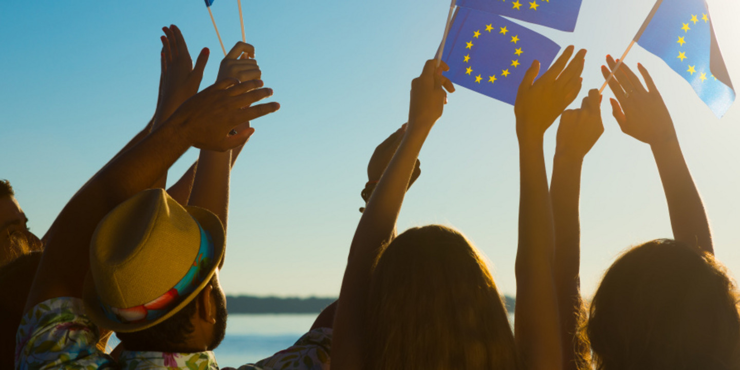 Several raised hands in front of a blue sky, holding European flags.