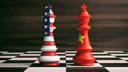 US America and China flags on chess kings on a chess board, brown wooden background