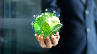 A man dressed in a suit is holding a small version of the globe in his hand, it is colored green. Dots and lines connecting the continents symbolize digital connections. A leaf in front of the globe is symbolizing the environment.
