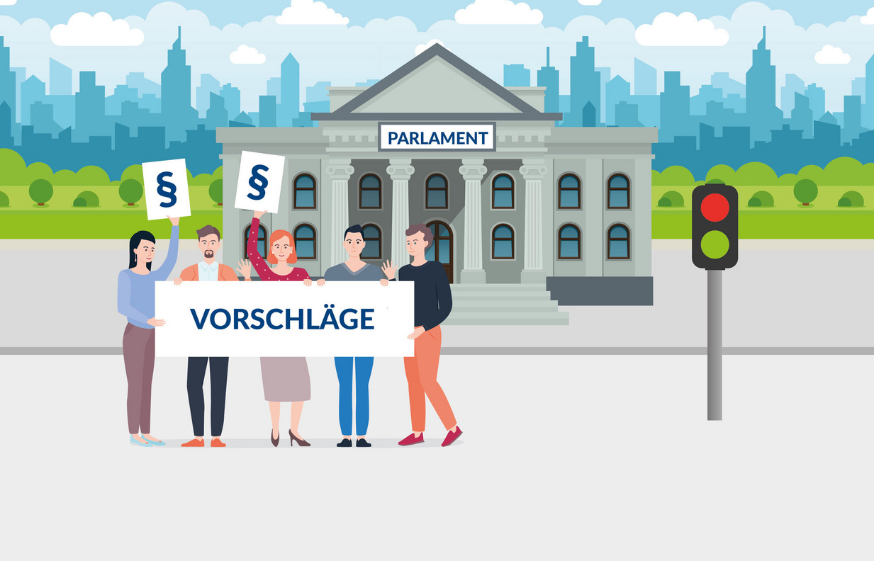 Illustration mit Menschen, die ein Schild mit der Aufschrift "Vorschläge" in den Händen halten