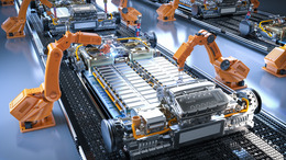 Roboter-Montagelinie mit Elektroauto-Batteriezellen-Modul auf Plattform, Automation Automobilfabrik Konzept mit 3d Rendering Roboter-Montagelinie mit Elektroauto-Batteriezellen-Modul auf Plattform