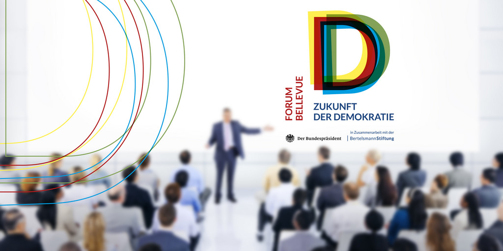 Auf dem Logo des Forum Bellevue ist eine Person an einem Rednerpult zu sehen, die vor Publikum spricht.