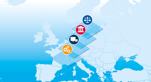 Länderkarte in blau, darauf sind verschiedene Ebenen und Symbole zu sehen.