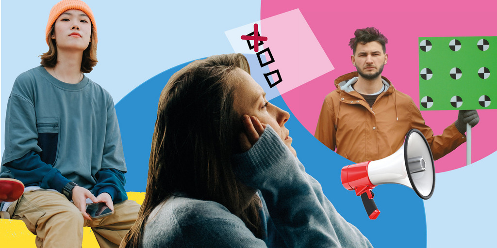 In einer Bildcollage sind drei junge Menschen in verschiedenen Situationen zu sehen. Eine junge Frau ist von der Seite zu sehen, wie sie ihre Gesicht in ihre Hände gestützt hat und nachdenklich in die Ferne blickt. Eine andere junge Frau ist sitzend abgebildet, sie blickt selbstbewusst in die Kamera und hält ihr Handy in der Hand. Ein junger Mann hält auf einer Demonstration ein Schild in seiner Hand und blickt ernst und entschlossen in die Kamera. Außerdem sind ein Megaphon und die Zeichnung eines ausgefüllten Stimmzettels zu sehen.