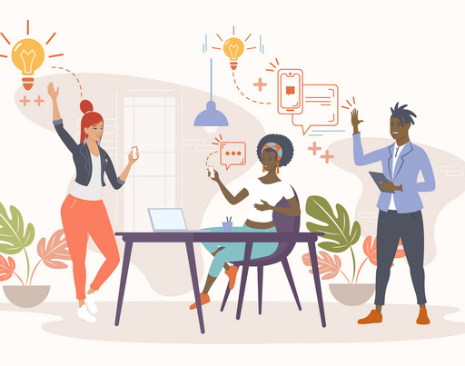Illustration of three diverse young entrepreneurs in a creative workspace. One person is sitting at a desk with a laptop, another is holding a tablet, and the third is celebrating an idea with a raised arm. Speech bubbles, lightbulbs, and digital icons above them symbolize innovation, communication, and tech-driven collaboration.