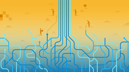 The lower half of the picture shows blue lines that are densely intertwined. Towards the center, the tangle unravels and the lines run straight upwards. The background shows a color gradient from yellow to blue, and four little figures can be seen working.