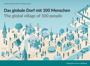 Das Titelbild des Buches "Das globale Dorf mit 100 Menschen" zeigt eine wie in einem Comic gezeichnete Stadt mit Häusern und Menschen in verschiedenen Situationen.