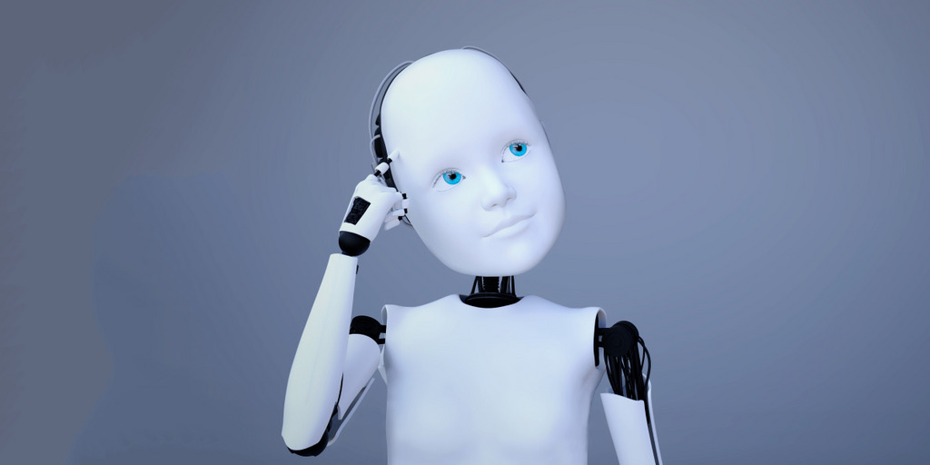 Human robot looks up thoughtfully