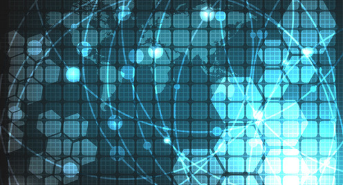 Hologramm der Weltkugel bzw. Kontinente sind in Schwarz-Türkis-Dunkelblau zu sehen, sehr grobe Pixel