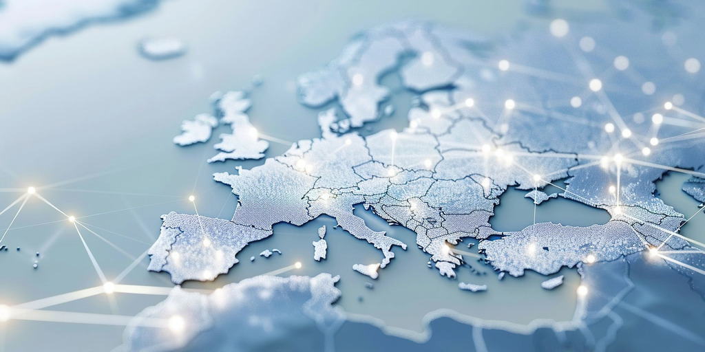 A stylized 3D map of Europe in cool blue tones, covered with bright dots and lines symbolizing a digital network or the interconnectedness of countries.