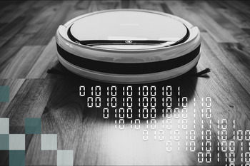 Staubsaugerroboter auf dem Boden zu sehen, der Daten (Ziffern 00001111) einsaugt