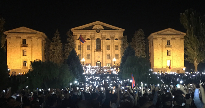 Republic Square in Yerevan at night with brightly illuminated building