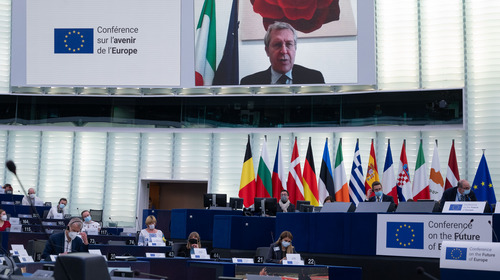Citizens discussing during the Conference on the Future of Europe in the plenary hall of the European Parliament in Strasbourg.