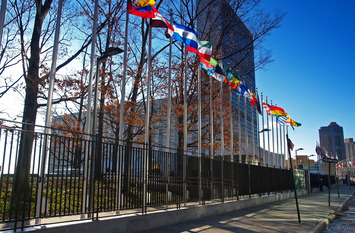 Das Foto zeigt die Straße vor dem UN Gebäude, gespickt mit Fahnenmasten.