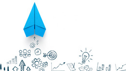 Blaues Papierflugzeug und Geschäftsstrategie auf weißem Hintergrund als Zeichen für Geschäftserfolg, Innovation und Lösung