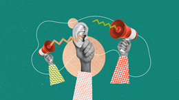 Collage of a picture of an ear. Next to it are two megaphones in front of a green background.