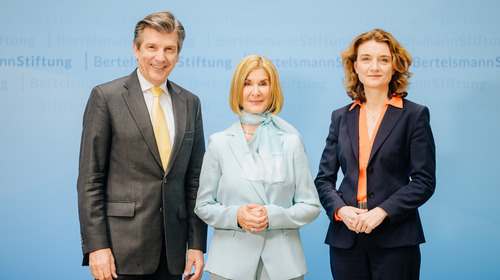 The Executive Board members of Bertelsmann Stiftung, Ralph Heck, Brigitte Mohn and Daniela Schwarzer, pose for a picture after the Bertelsmann Stiftung's annual press conference.