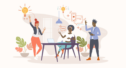 Eine Gruppe von Menschen diskutiert über Innovation. Ein Ziel zu erreichen, eine Idee zu schaffen. Vektor-Illustration