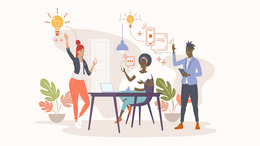 Eine Gruppe von Menschen diskutiert über Innovation. Ein Ziel zu erreichen, eine Idee zu schaffen. Vektor-Illustration