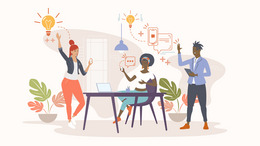 Eine Gruppe von Menschen diskutiert über Innovation. Ein Ziel zu erreichen, eine Idee zu schaffen. Vektor-Illustration
