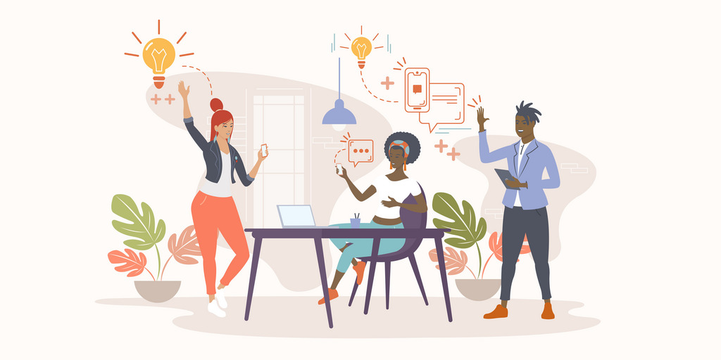 Eine Gruppe von Menschen diskutiert über Innovation. Ein Ziel zu erreichen, eine Idee zu schaffen. Vektor-Illustration