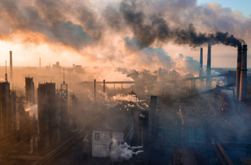 industry metallurgical plant dawn smoke smog emissions bad ecology aerial photography