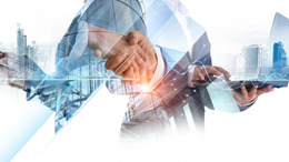 Eine grafische Darstellung von digitalen Bilder. Ein Laptop ist zusätzlich zu sehen. Eine Hand tippt in den Laptop etwas ein.  In dem Bild selbst, geben sich zwei Personen die Hand