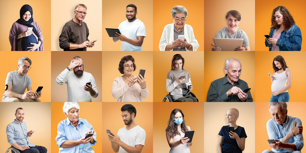 Collage von Frauen und Männern, die auf ein Smartphone, Tablet oder einen Laptop schauen. Der Hintergrund ist Orange.