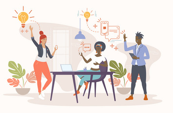 Die Illustration zeigt drei Personen in einem modernen Arbeitsumfeld, die gemeinsam an digitalen Ideen und Projekten arbeiten. Über ihren Köpfen erscheinen Symbole wie Glühbirnen, Chatblasen und Smartphones