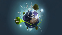 The earth is shown in small form. On it you can see wind turbines, trees and a plug.