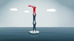 Three people standing on each other's shoulders on an ice floe. The first person above holds a telescope in his hands