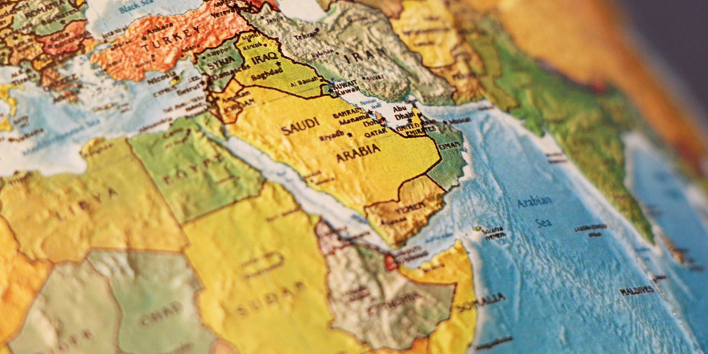 A section of a world map showing a part of the Middle East with Iran and Saudi Arabia.