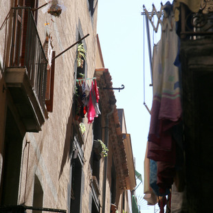 A row of houses in the district Raval in the old town of Barcelona