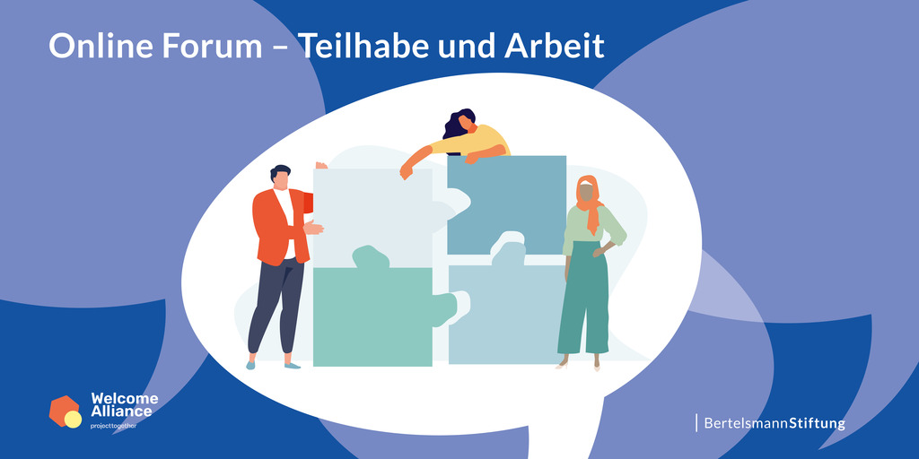 Zeichnung von drei Menschen, die auf und um mehrere große Puzzleteile platziert sind