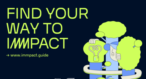 Grafik mit dem Titel Find "Your Way ti IMMPACT". Auf der rechten Seite sieht mein eine abstrakte Darstellung drei Bäume. Bei einem besteht die Baumkrone dabei aus einer Glühbirne.