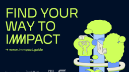 Grafik mit dem Titel Find "Your Way ti IMMPACT". Auf der rechten Seite sieht mein eine abstrakte Darstellung drei Bäume. Bei einem besteht die Baumkrone dabei aus einer Glühbirne.