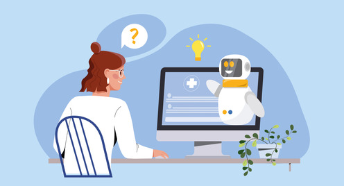 Eine Frau tauscht sich am Rechner mit einem medizinischen Chatbot aus