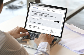 Eine Person sitzt vor einem Laptop. Auf dem Bildschirm des Laptops wird die Startseite des SDG-Portal angezeigt.