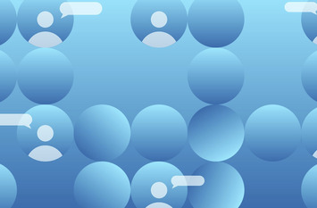 Blaue Kreise mit angedeuteten Personen, die grafisch erstellt worden sind,  zu sehen. Neben den Personen befinden sich leere Sprechblasen.