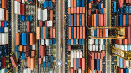 A bird's eye view of freight containers in the harbour of Singapore.