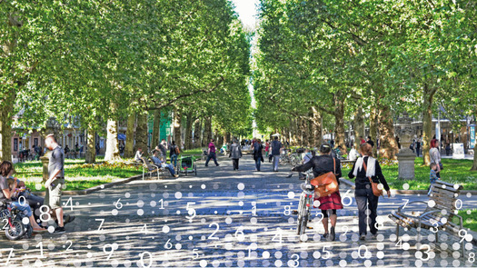 Spaziergänger und Radfahrer auf einer Straße