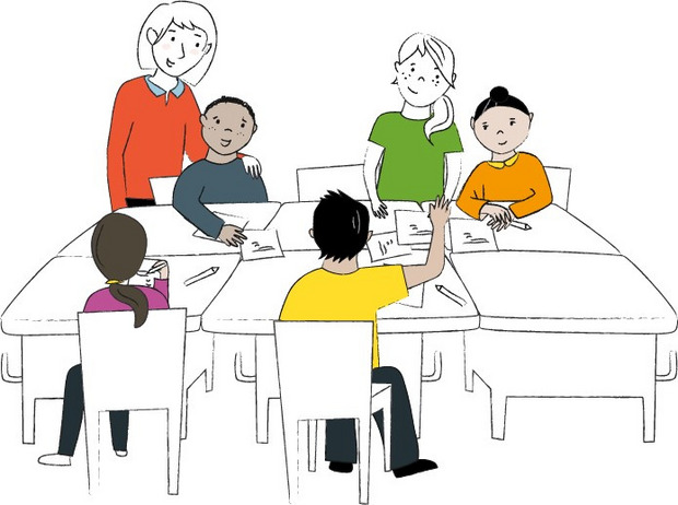 Illustration: fünf Schüler an einem Tisch, die Lehrerin erklärt ihnen was