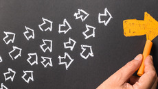 eine Hand zeichnet einen großen orangefarbenen Pfeil auf eine Tafel, diesem Pfeil folgen viele kleine weiße Pfeile.(© Shutterstock / patpitchaya)