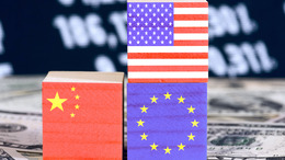 Flags of America, China and the European Union EU on cubes. Dollar notes in the background,