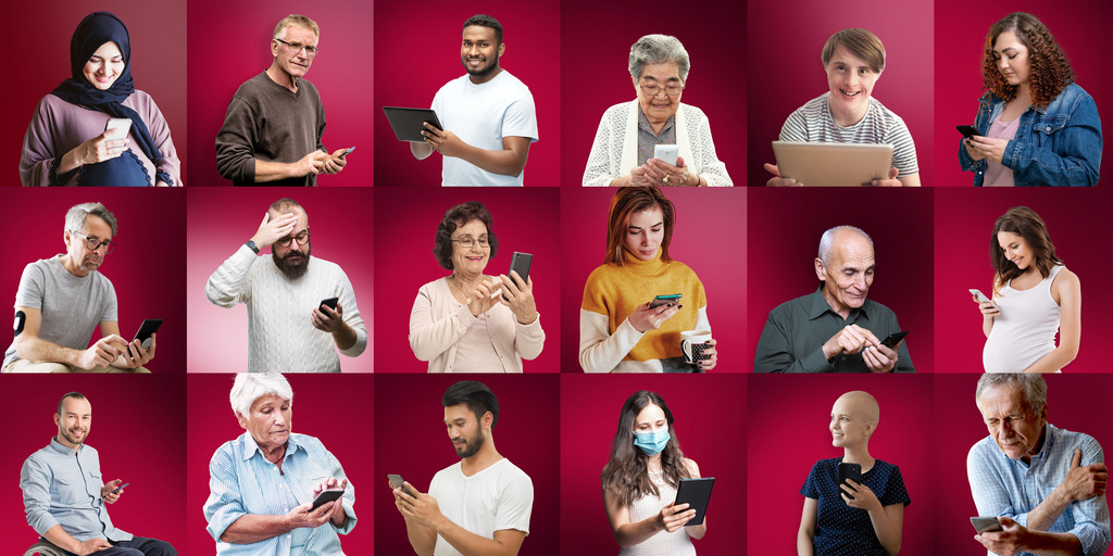 Eine Collage verschiedener Menschen, die alle ein digitales Gerät in den Händen halten, Handys, Tablets etc.