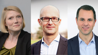 A collage of three portrait pictures of the new members of Bertelsmann Stiftung's leadership team: Cathryn Clüver Ashbrook, Marek Wallenfels and Dirk Zorn.