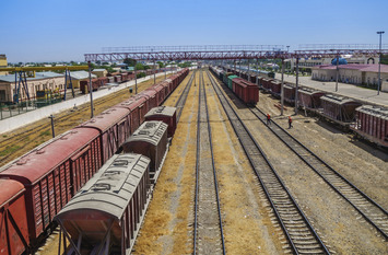 Panorama of railway stacks with trains