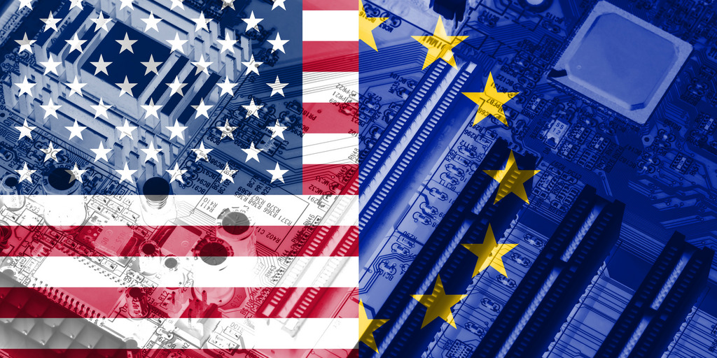 European union flag and American flag on the x-ray circuit board as technology background