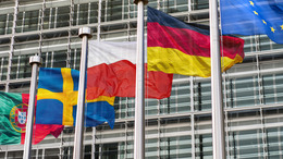 The flags of Portugal, Sweden, Poland, Germany and the EU in front of the Building of the European Commission